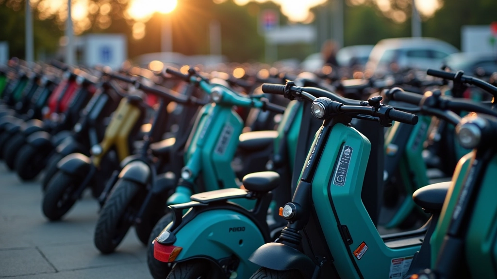 Daudz elektrisko skūteru rindā pie stacijas, redzami dažādu krāsu transporta līdzekļi pilsētas vidē
