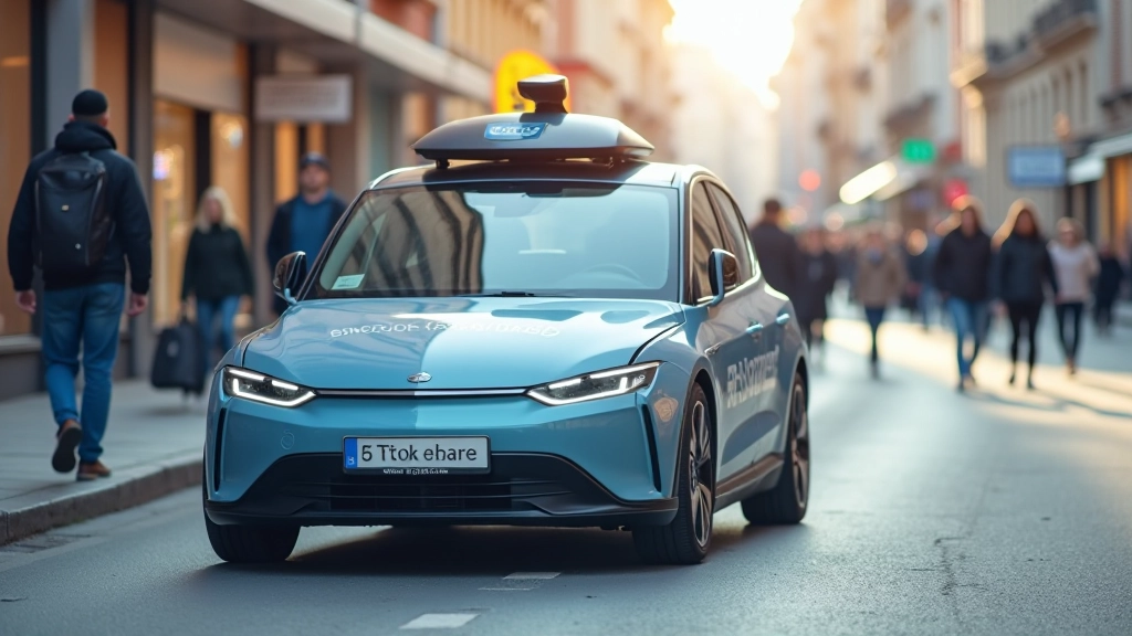 Moderna elektriska automašīna ar braucienu kopīgošanas aplikācijas uzlīmi, gājēji fona pieejamības ielas